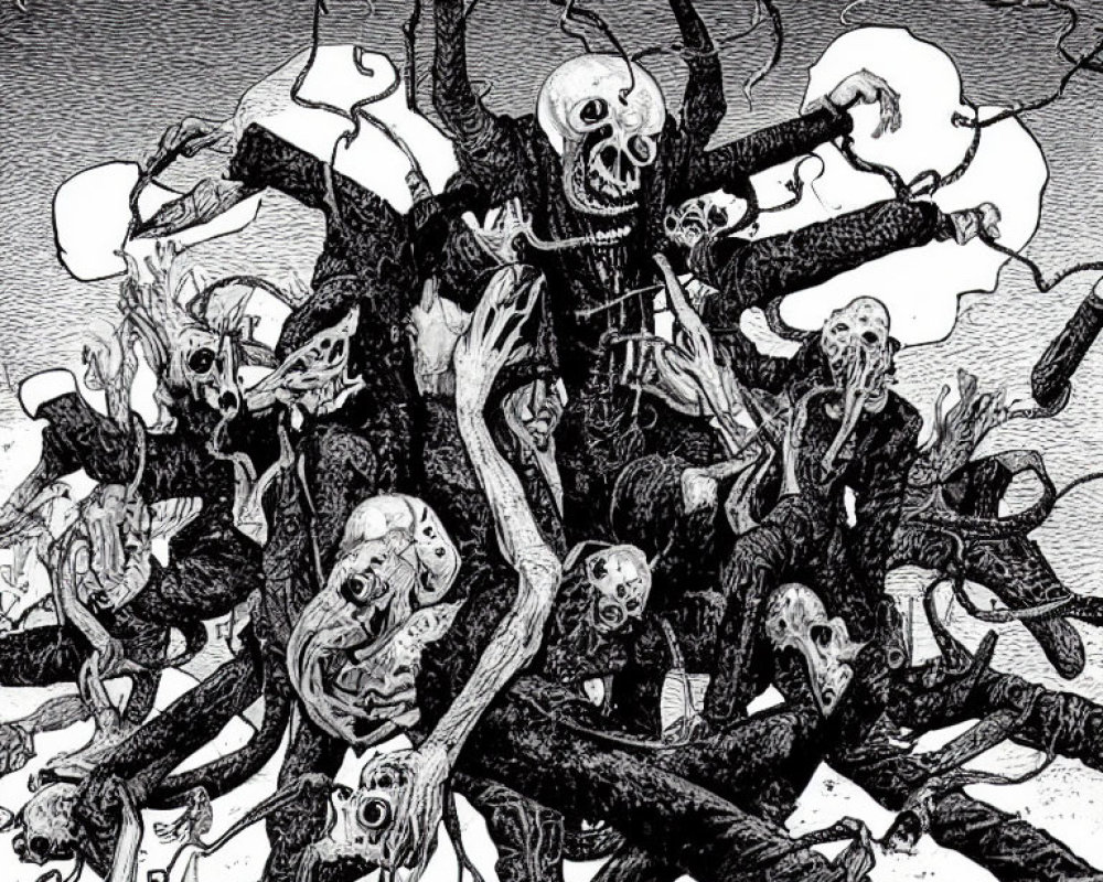 Monochrome chaotic illustration of skeletal creatures