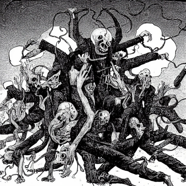 Monochrome chaotic illustration of skeletal creatures