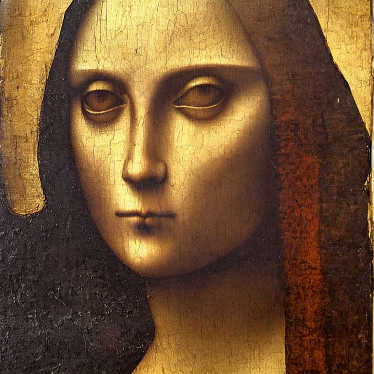 Classic painting of a woman's face with missing eyes and cracked texture.