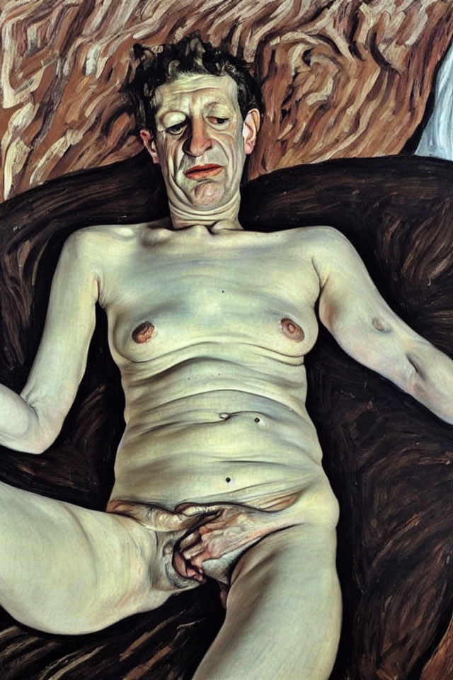 Shirtless Male Figure Resting on Dark Sofa in Painting
