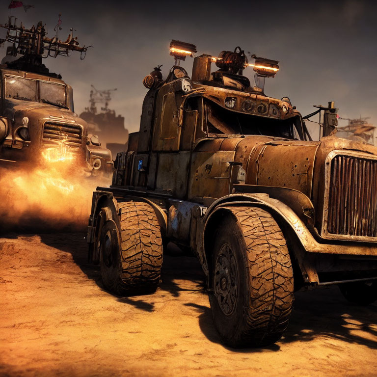 Armored post-apocalyptic vehicles racing in barren landscape