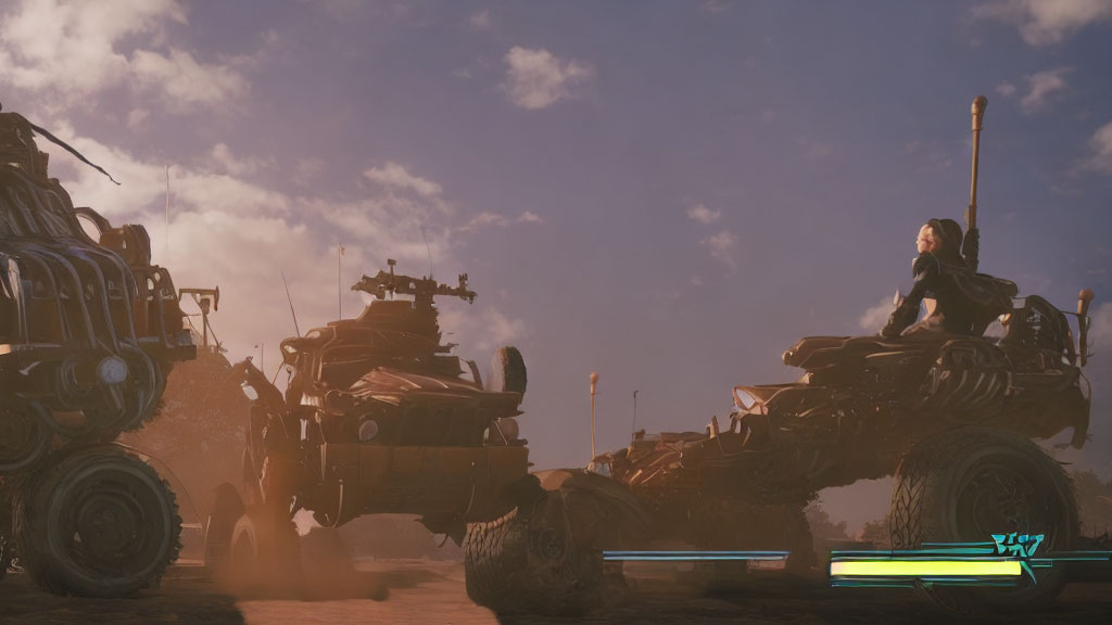 Futuristic armored vehicles racing in dusty desert under dramatic sky