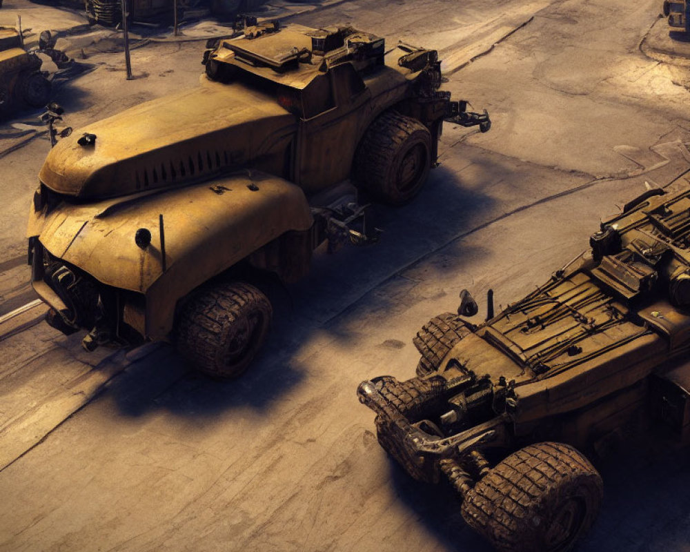 Armored military vehicles on dusty ground with warm sunlight.