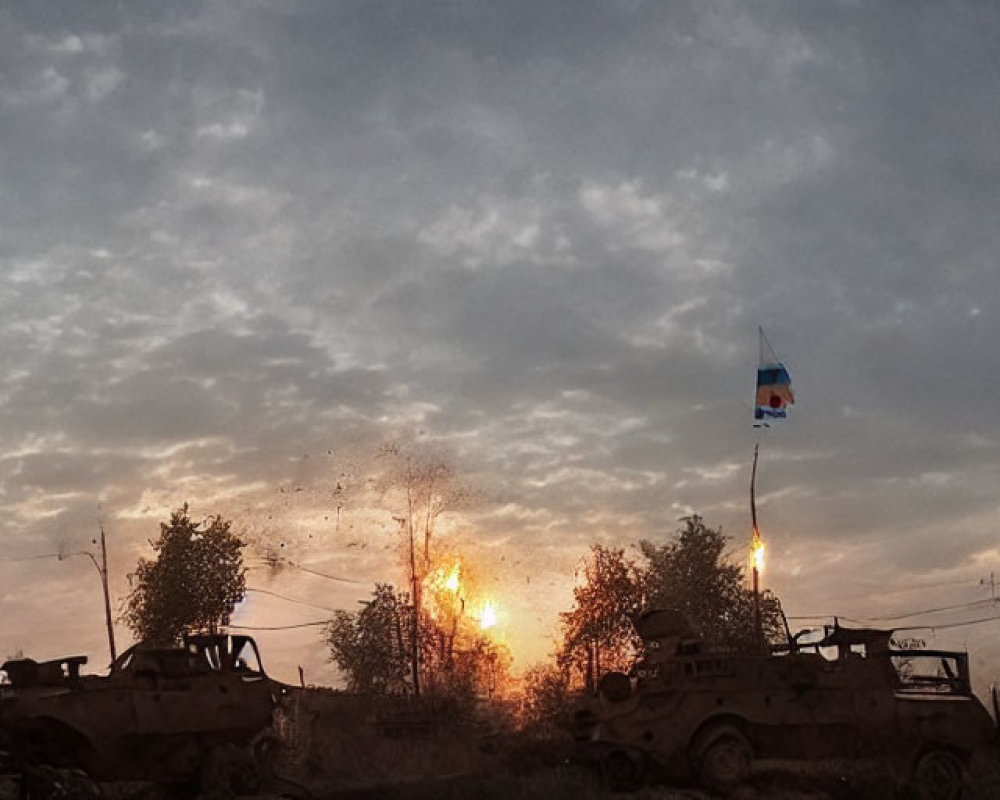 Military vehicles and explosion at sunset with flag pole in dramatic scene
