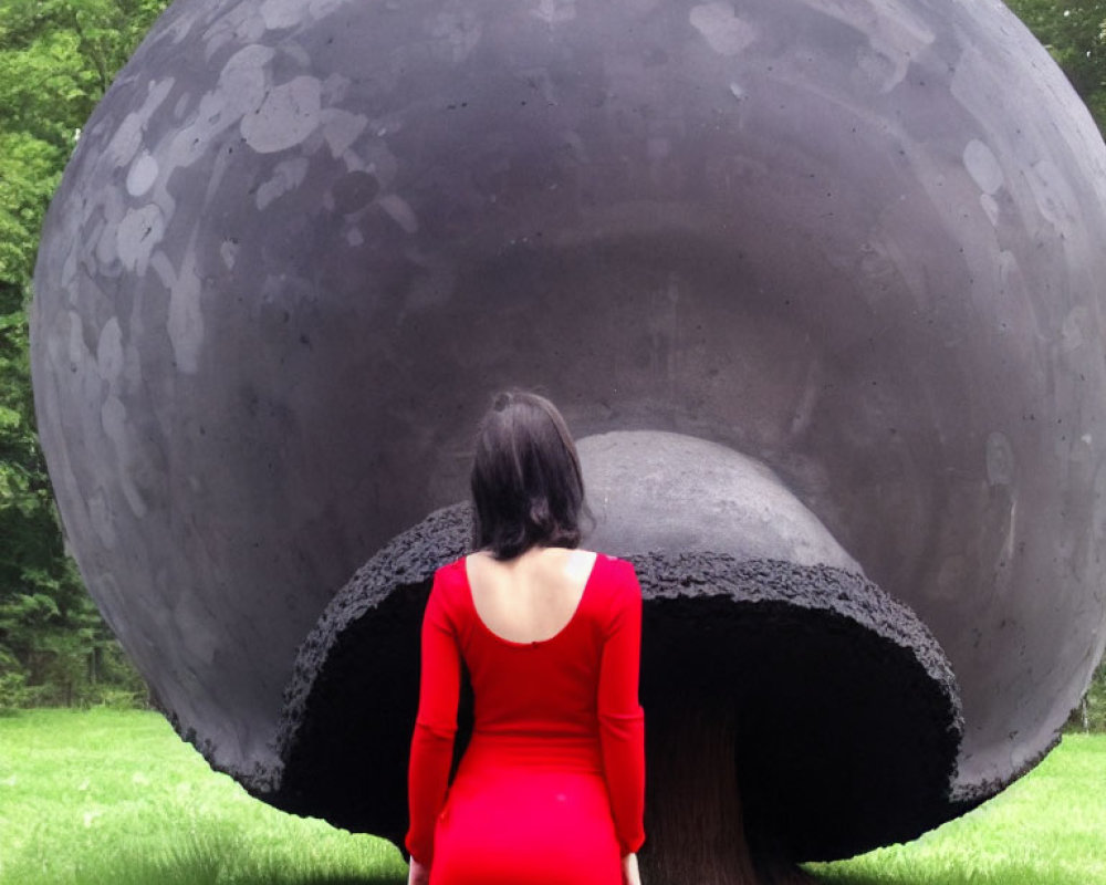 Woman in Red Dress Stands by Large Hollow Sphere Sculpture