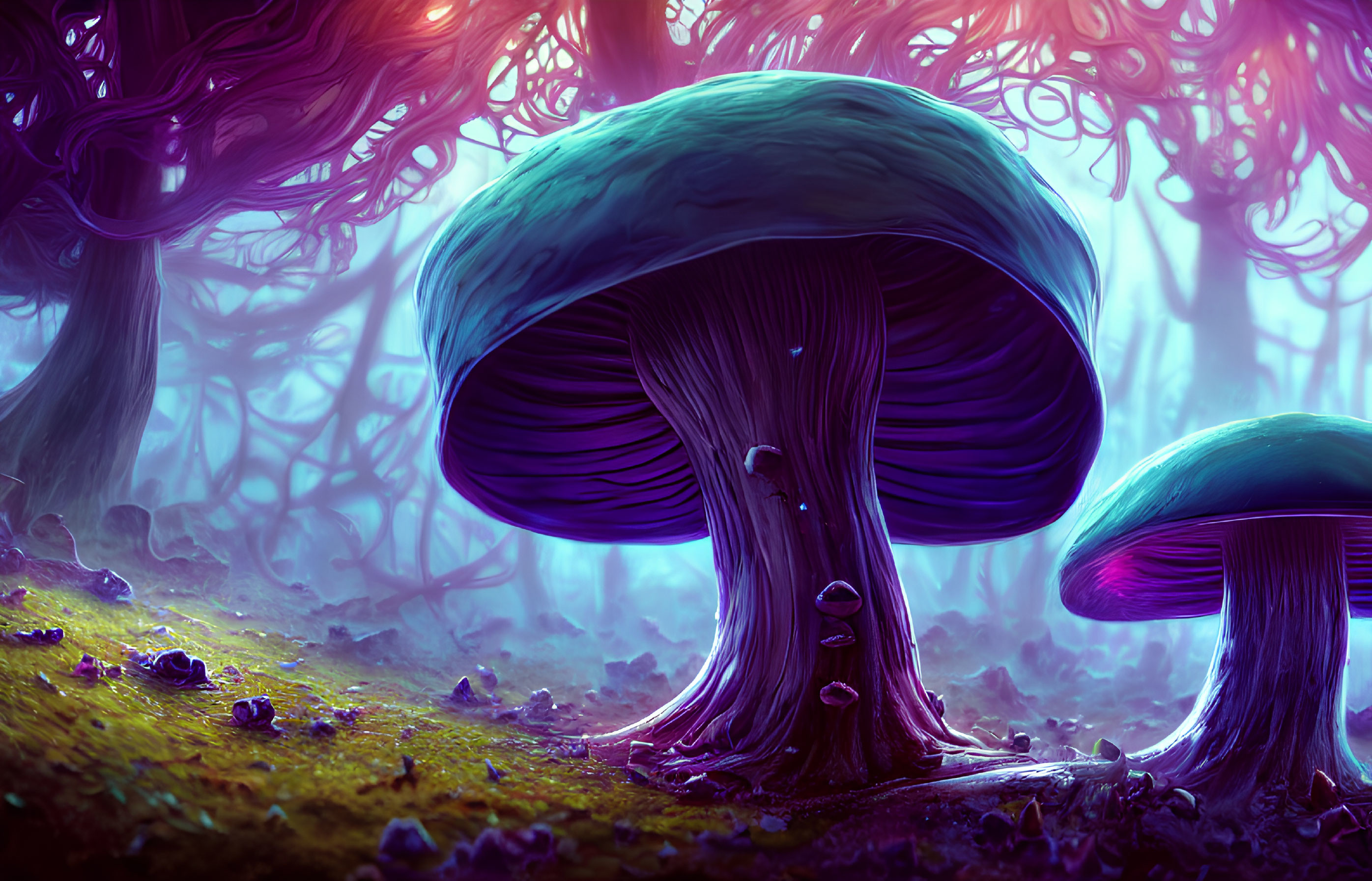 Fantastical forest scene with oversized purple and blue mushrooms and mystical purple haze