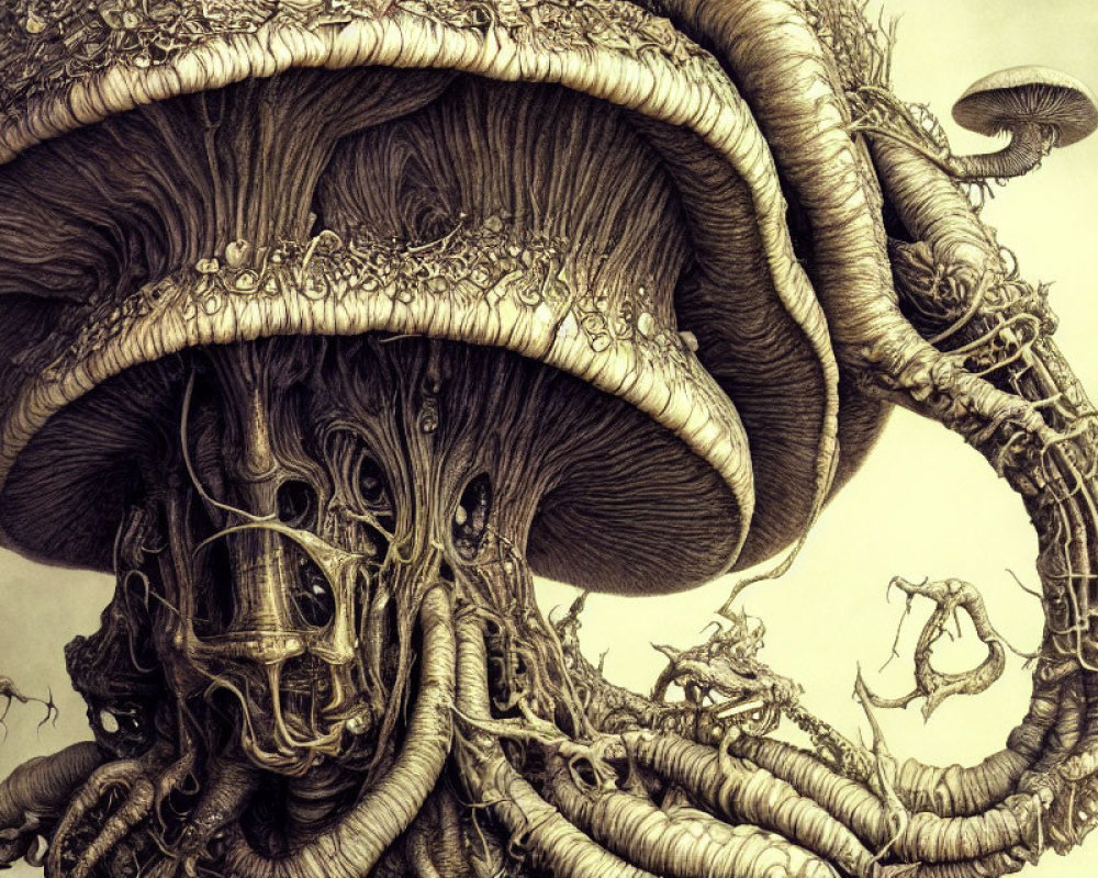 Detailed Surreal Mushroom Structure with Organic Shapes and Textures