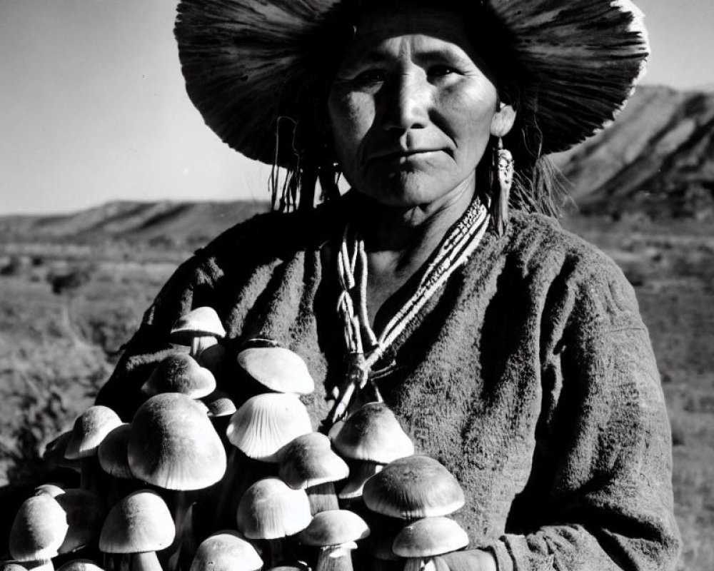 Monochrome photo of person with wide-brimmed hat holding mushrooms