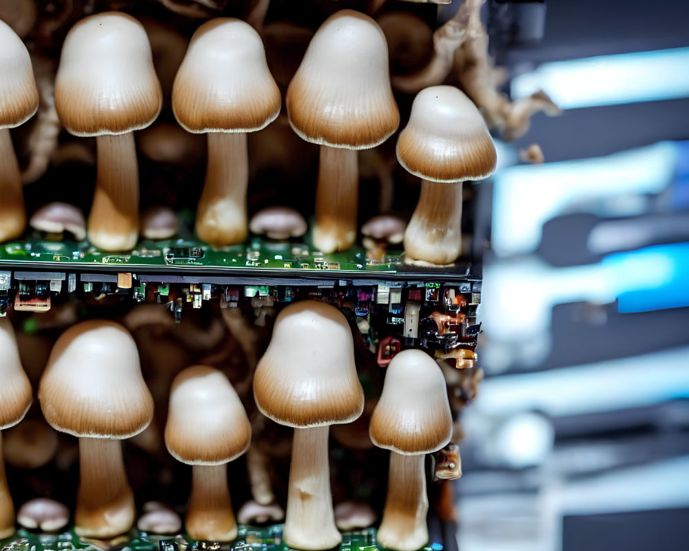 Mushrooms growing on green circuit board with electronic components