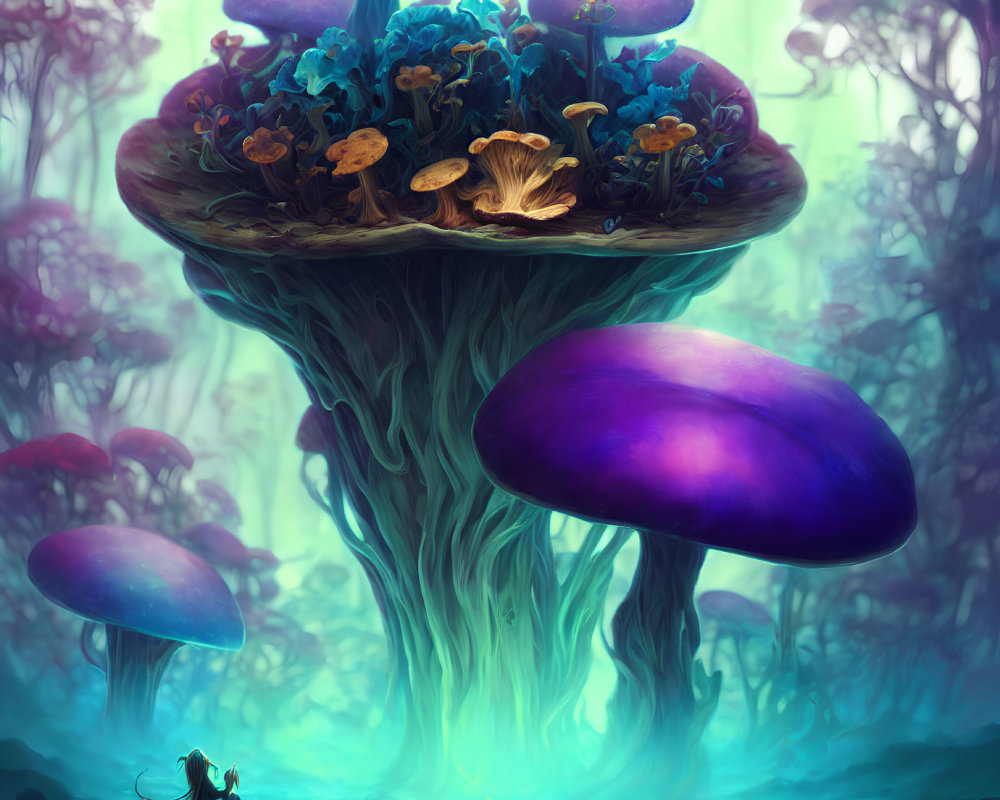 Enchanted forest with oversized luminescent mushrooms and tiny humanoid figure in ethereal hues