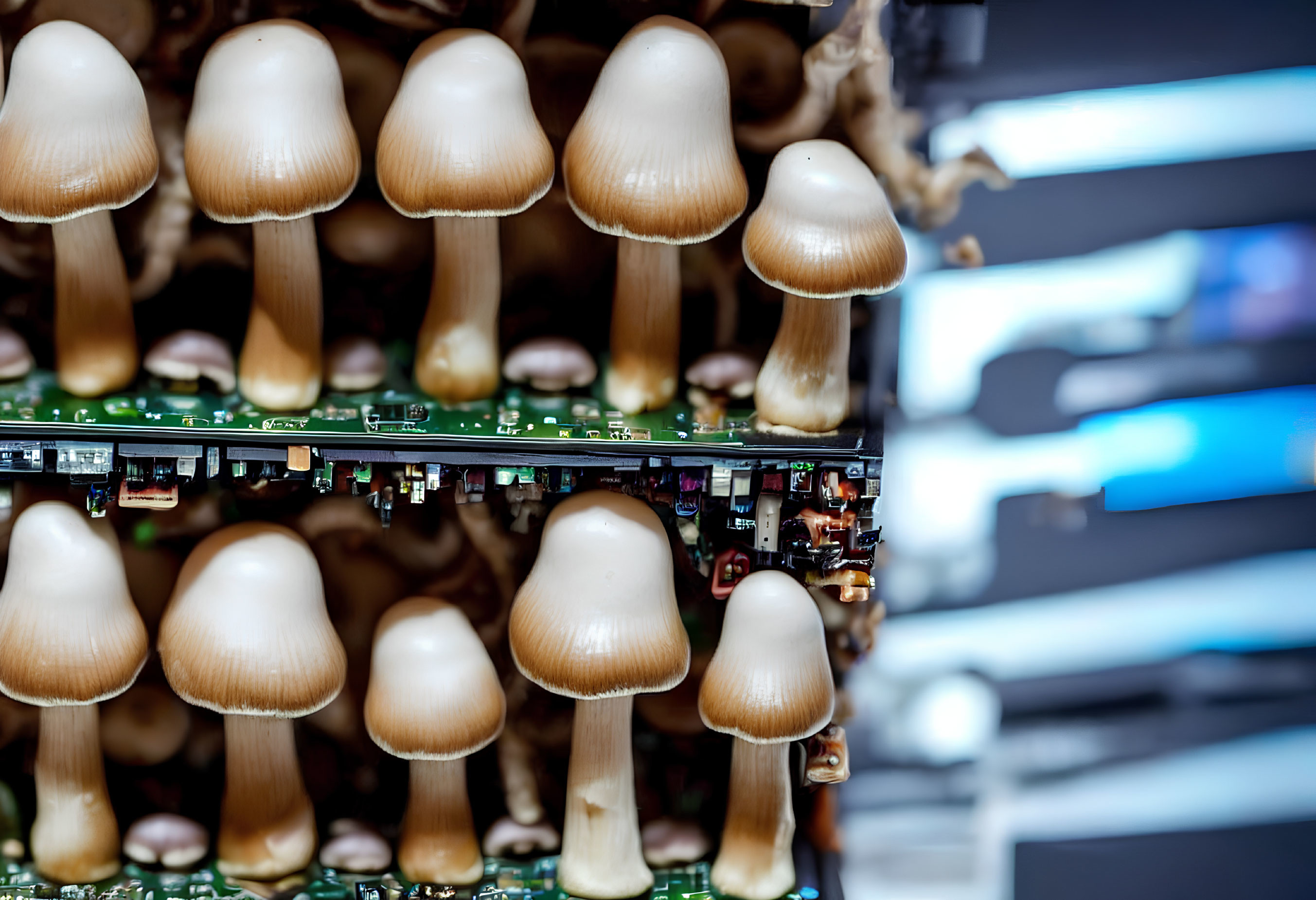 Mushrooms growing on green circuit board with electronic components