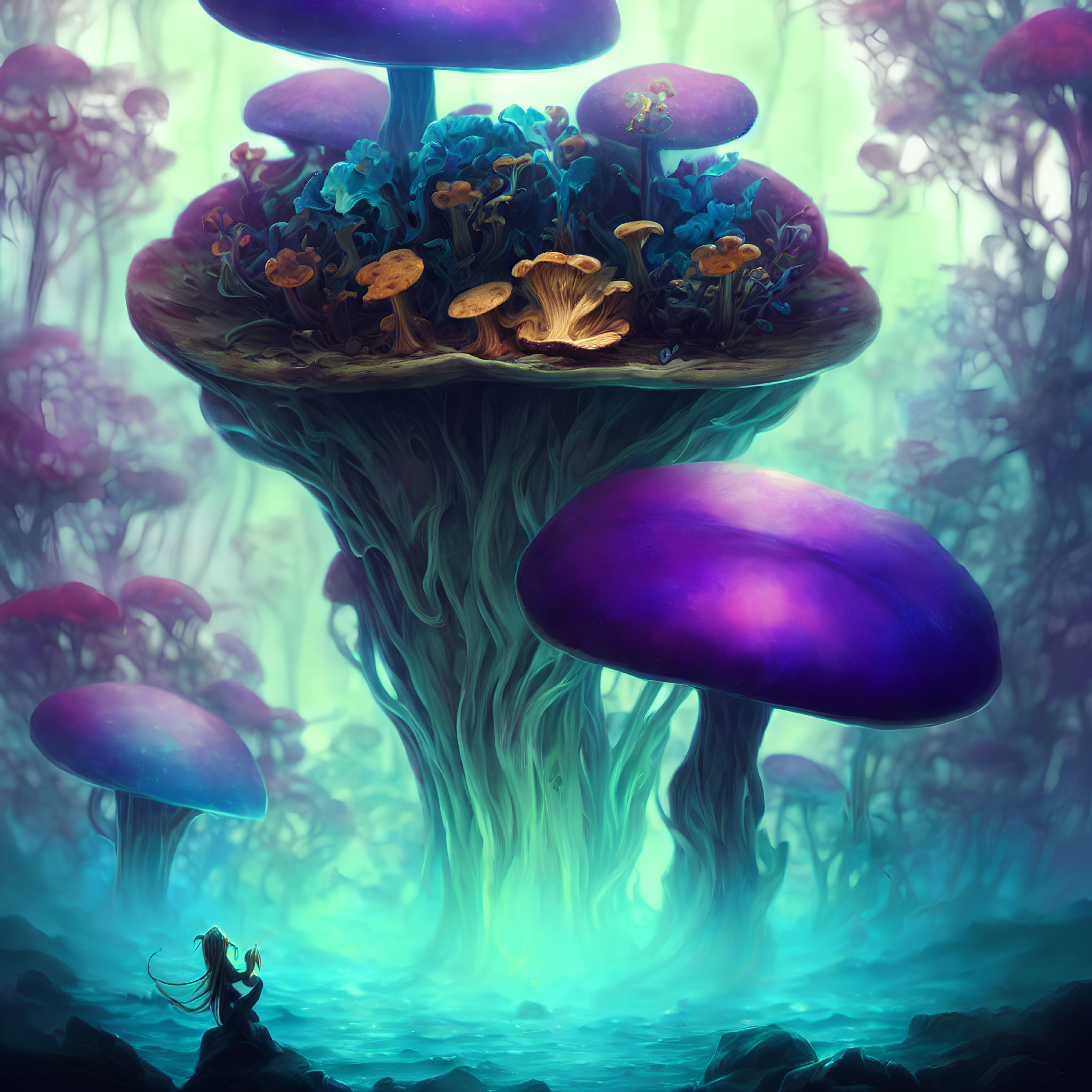 Enchanted forest with oversized luminescent mushrooms and tiny humanoid figure in ethereal hues