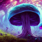 Fantastical forest scene with oversized purple and blue mushrooms and mystical purple haze