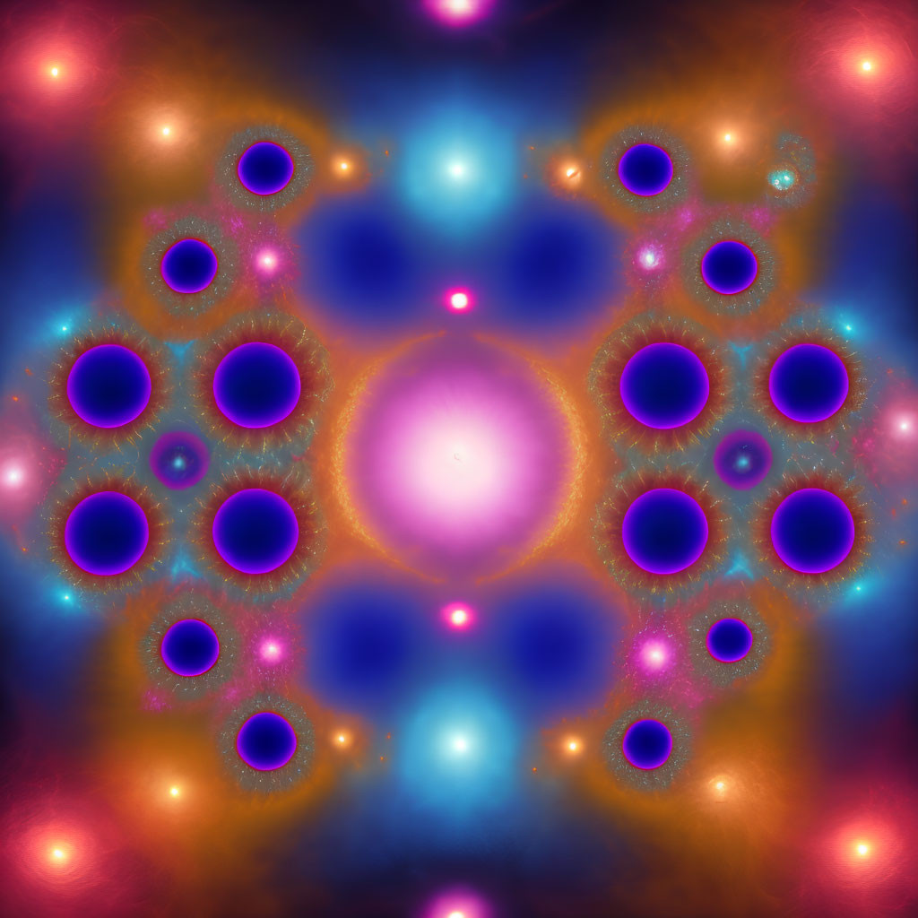Symmetrical glowing rings in blue and purple with pink and orange highlights
