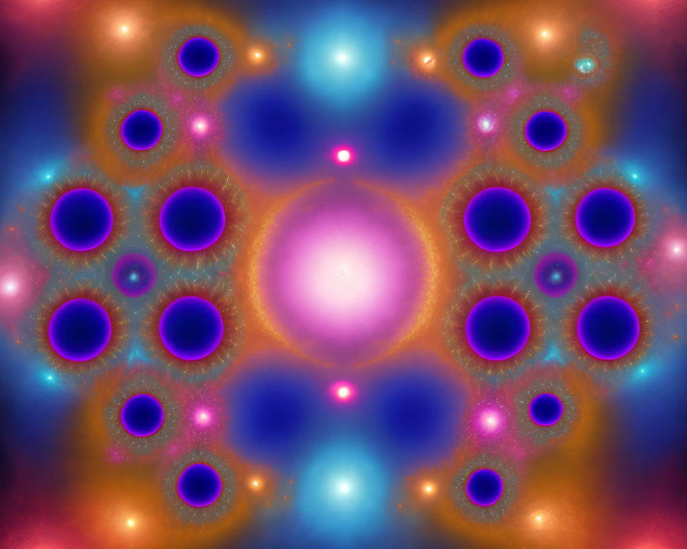 Symmetrical glowing rings in blue and purple with pink and orange highlights