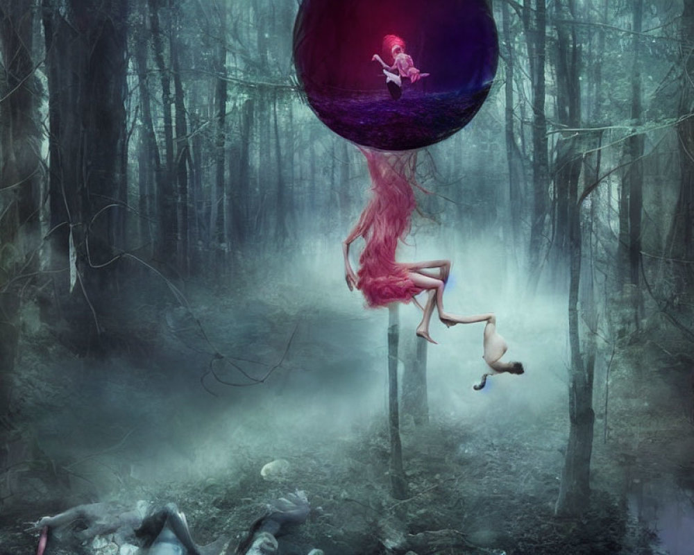 Surreal forest scene with eerie fog, person with red flowing hair reaching towards dark floating orb