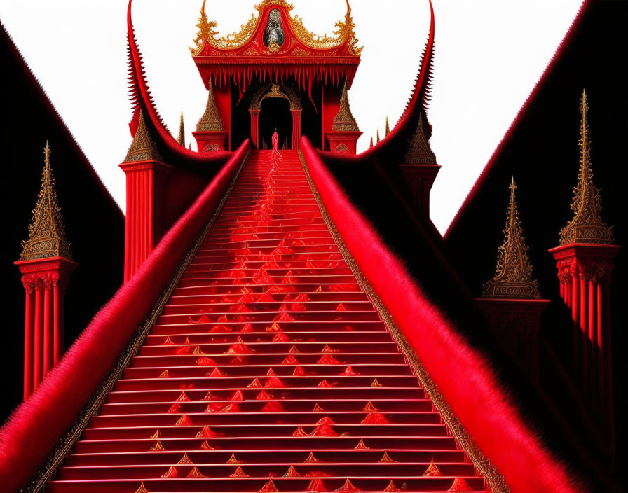 Red and Black Staircase with Golden Accents Leading to Asian Temple