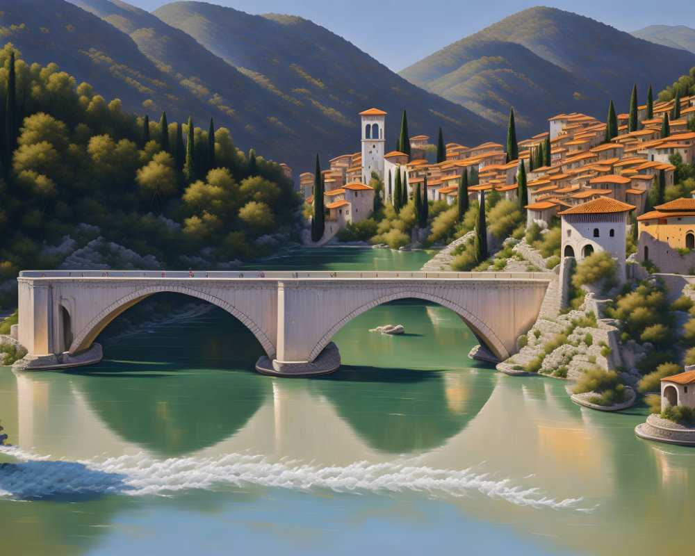 Tranquil painting of stone bridge over calm river surrounded by lush hills and Mediterranean houses