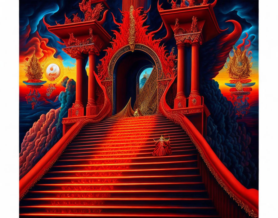 Fantastical painting of person climbing red staircase under surreal fiery sky