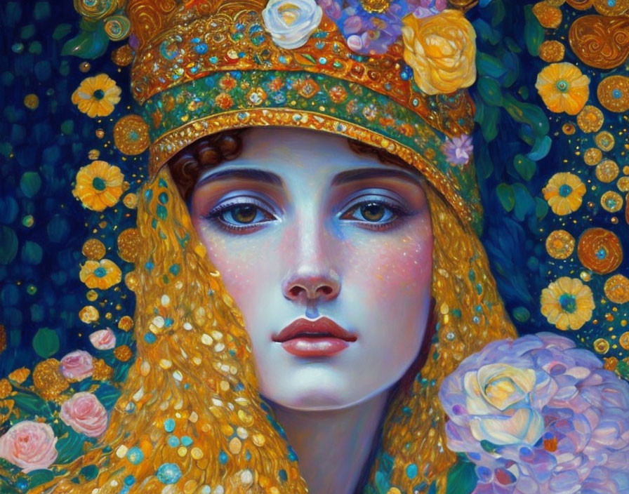 Detailed painting of woman with golden hair and jeweled crown in ethereal beauty.
