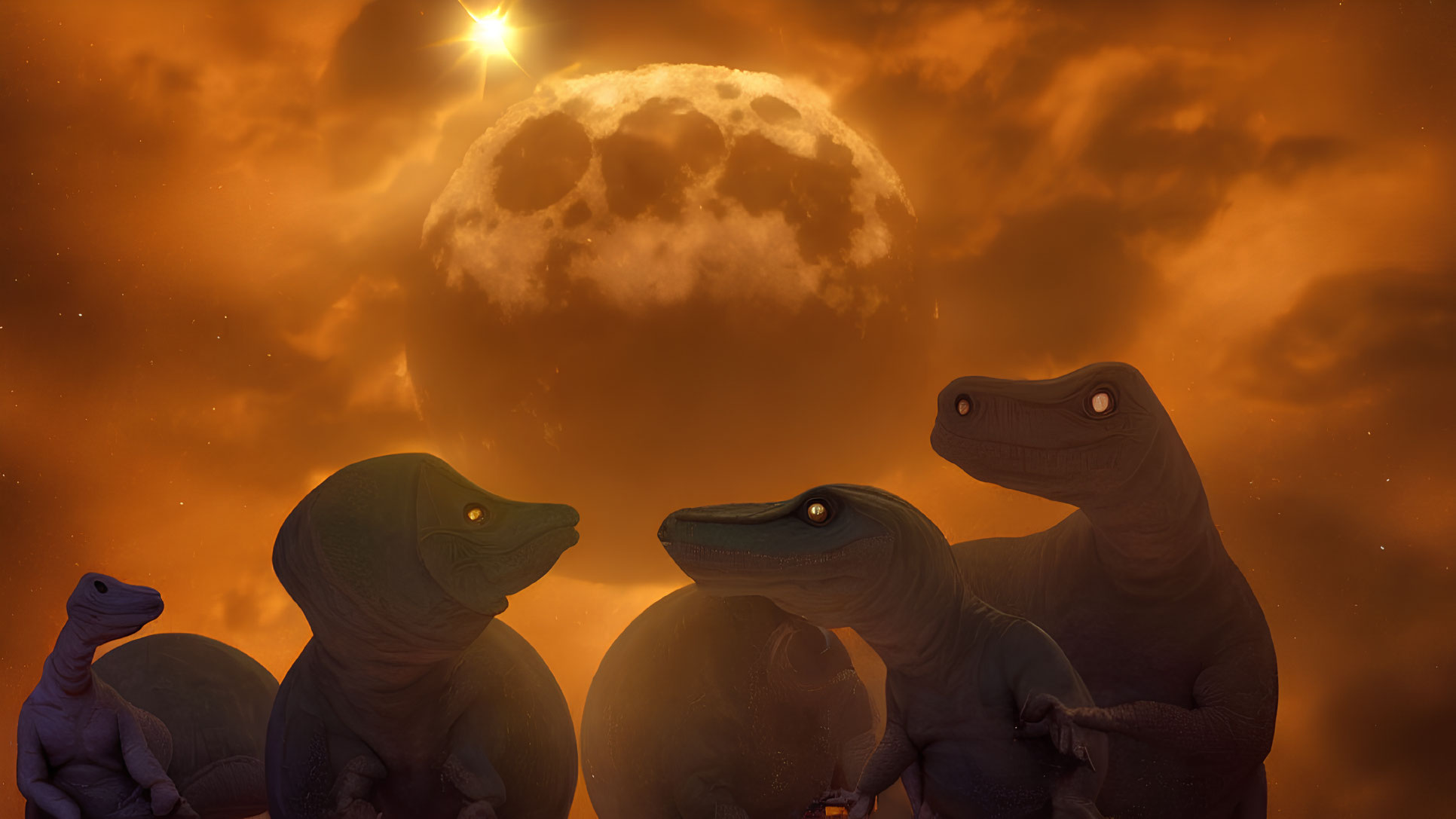 Silhouetted velociraptors under moonlit sky.