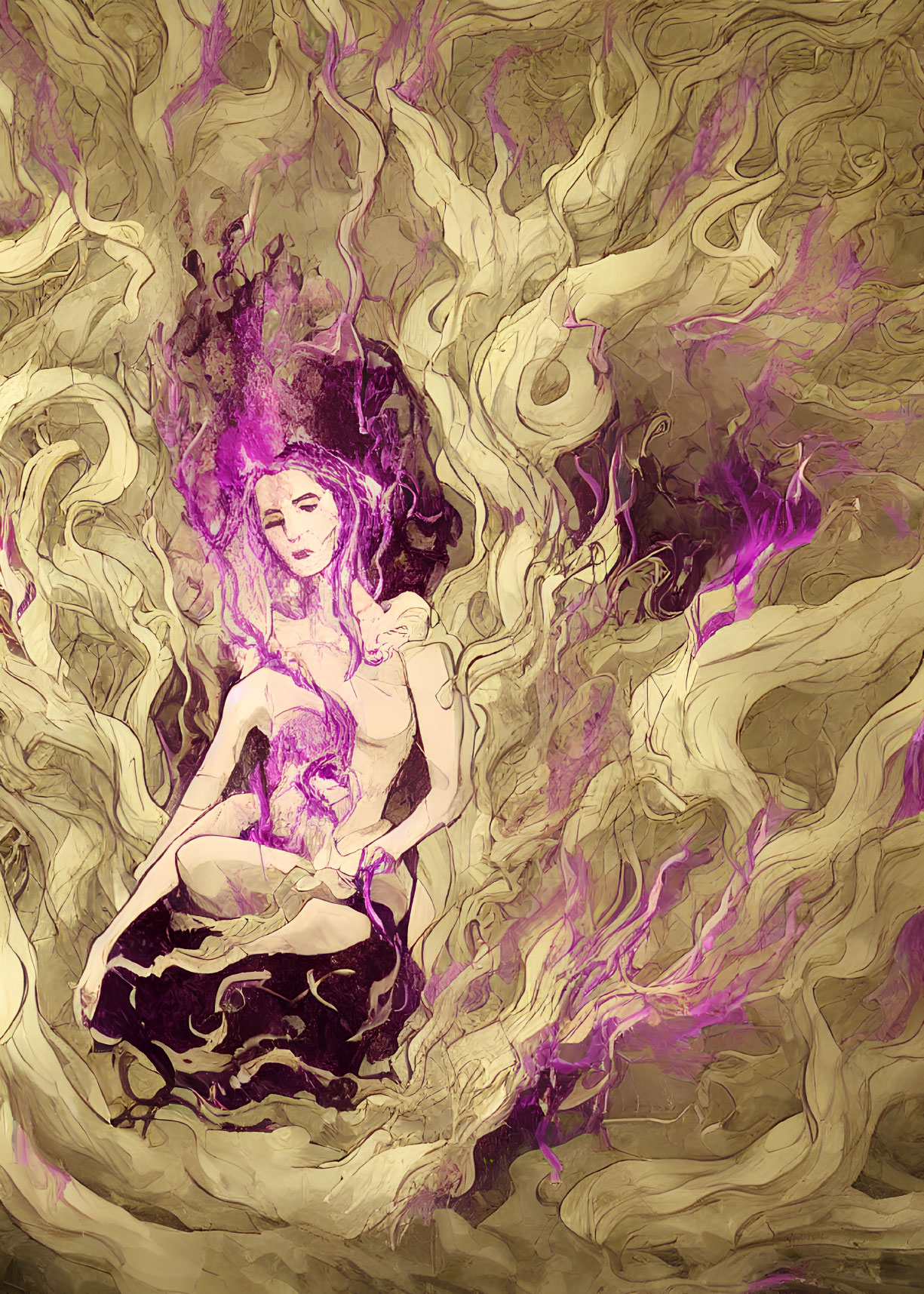 Illustration of woman with purple energy and gold patterns.
