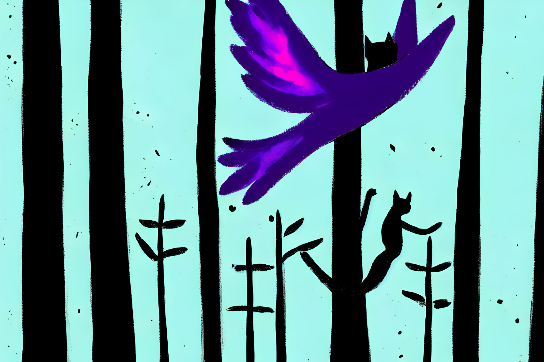 Purple bird in flight over black trees and teal sky with plants