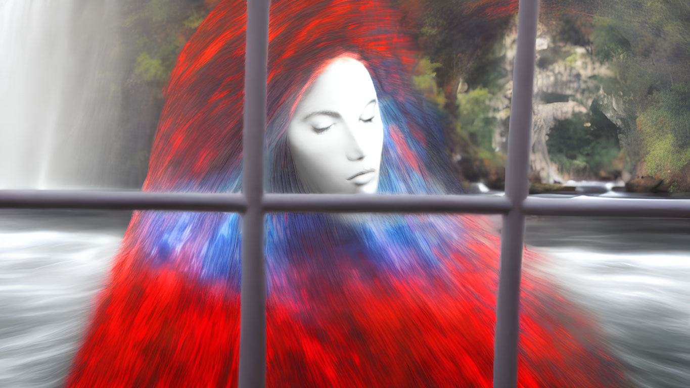 Surreal female figure with red and blue hair by window grid overlooking waterfall