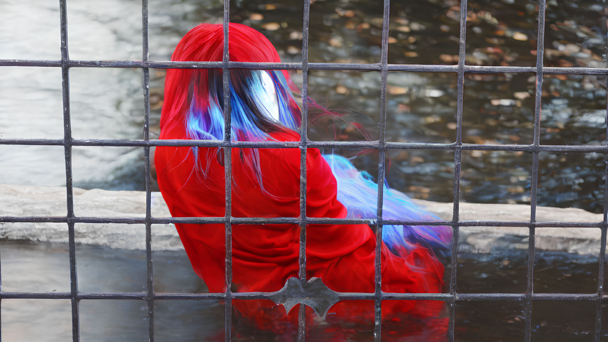 Vibrant red and blue hair person sitting by river behind black metal fence