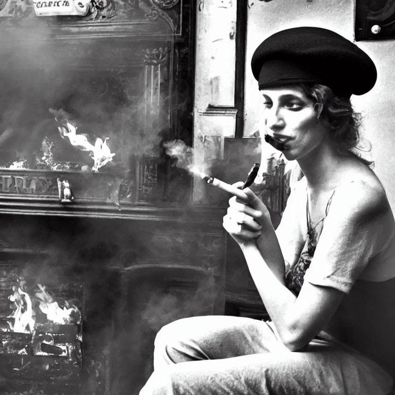 Vintage black and white photo: Person in beret smoking pipe by fireplace