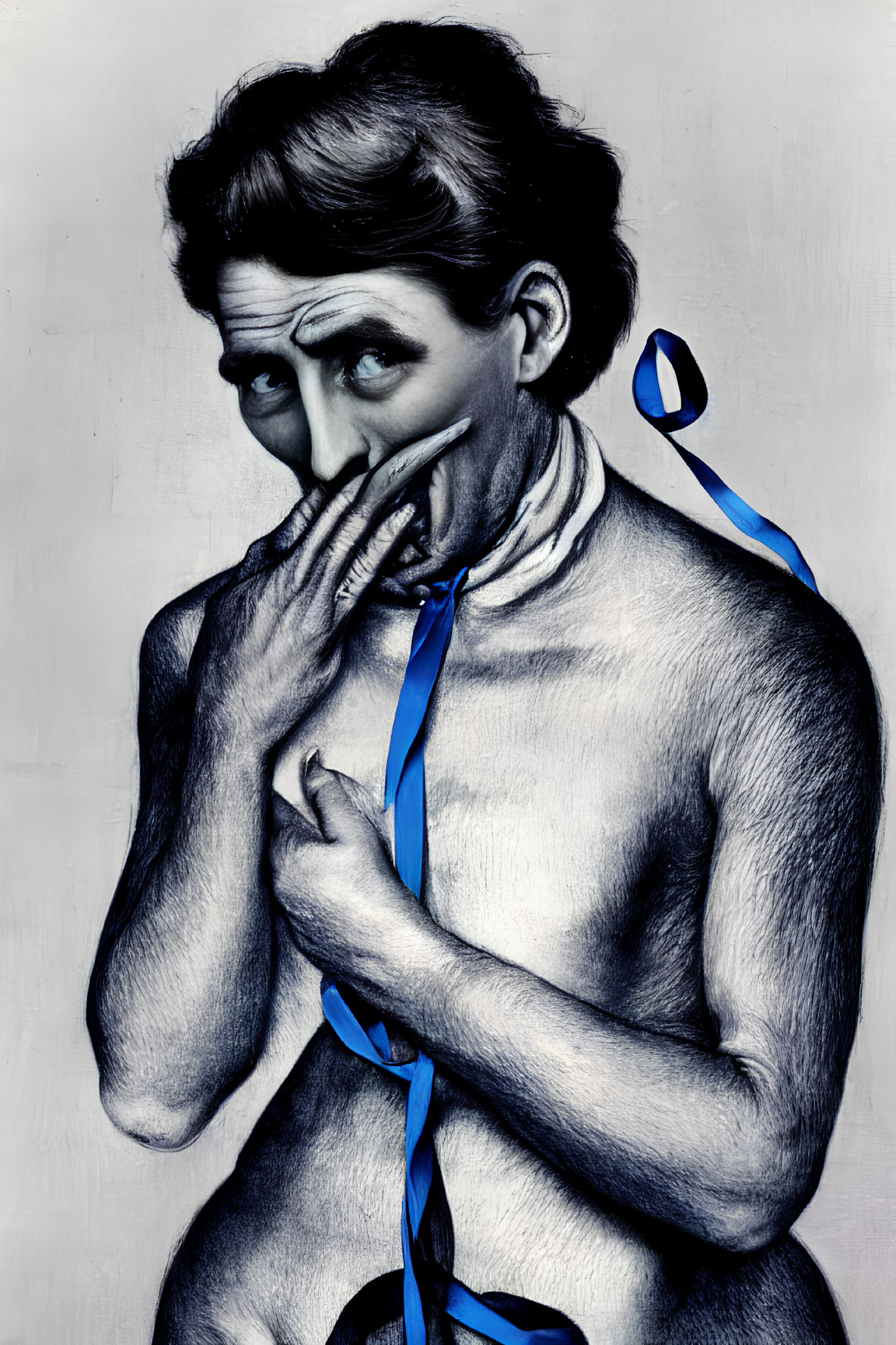 Monochrome surreal drawing of person with exaggerated features and blue ribbon.
