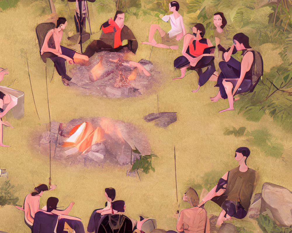 People gathered around campfire in lush forest setting
