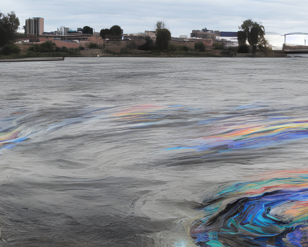 River with Iridescent Oil Pollution, Cityscape, and Bridges in Panoramic View