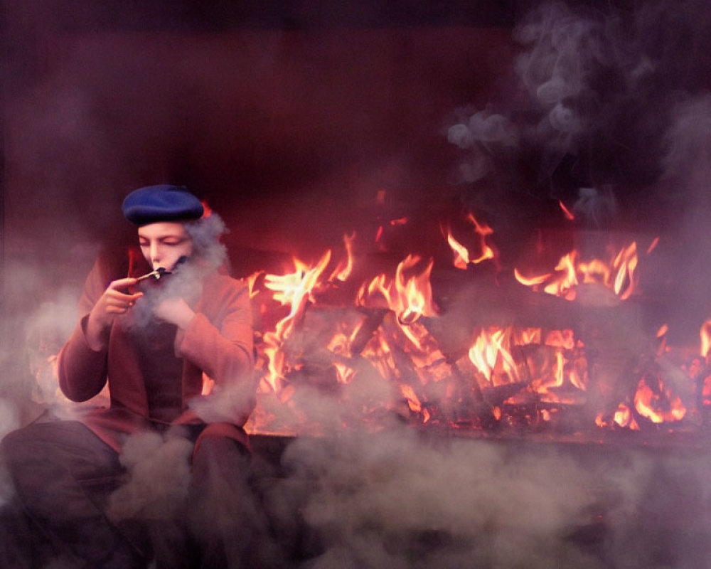 Person in Blue Beret Smoking Pipe by Glowing Fire