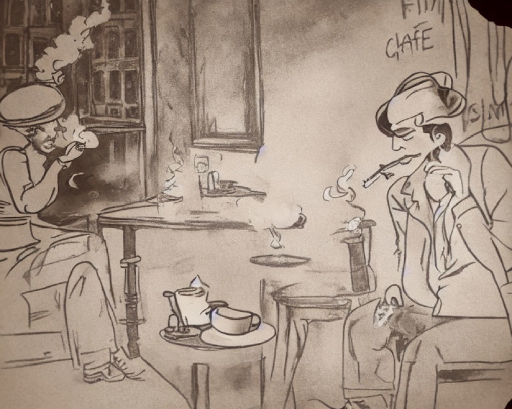 Vintage-style café scene with individuals smoking pipe and cigarette, steaming cups on table