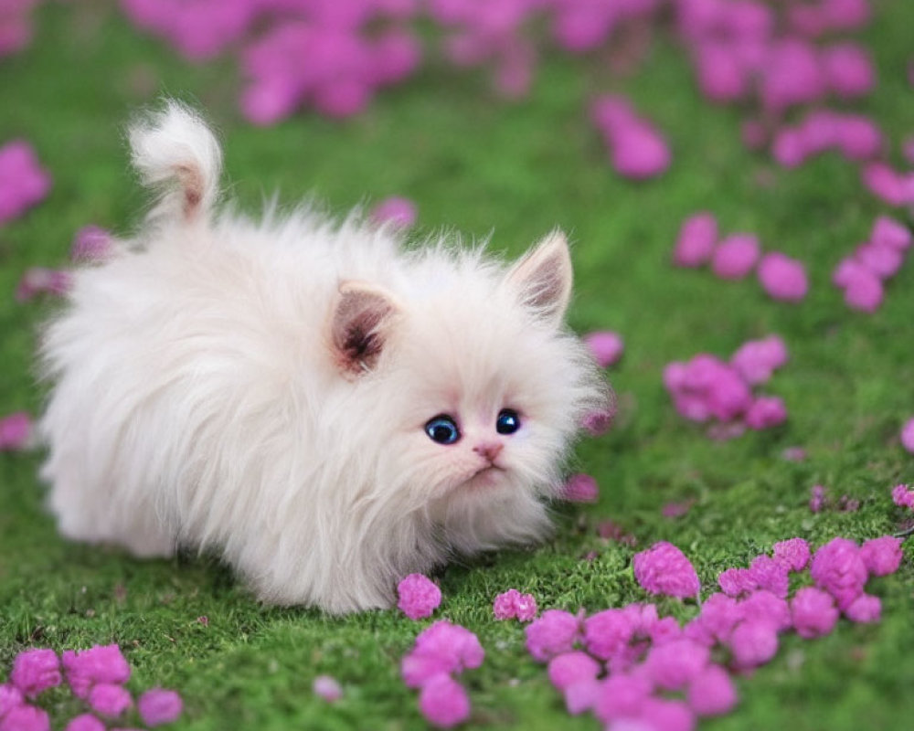 White Kitten with Blue Eyes Among Pink Petals on Green Grass