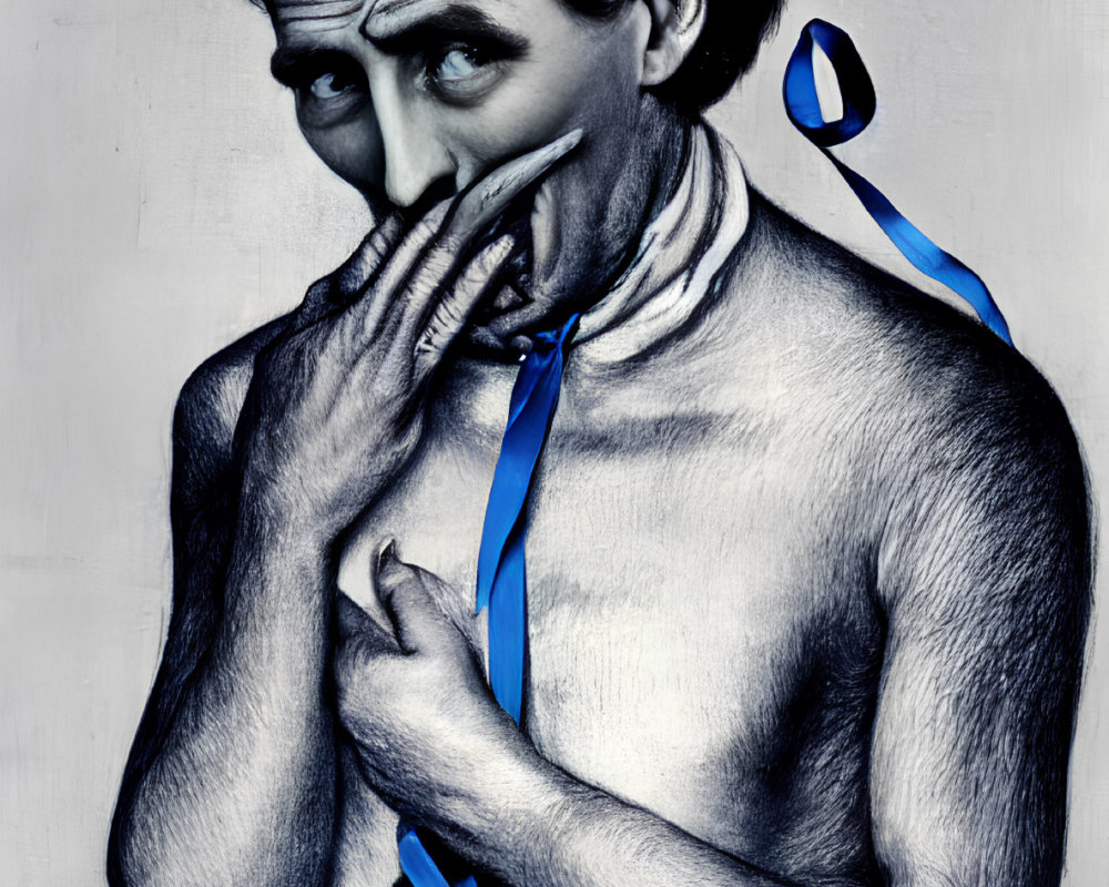 Monochrome surreal drawing of person with exaggerated features and blue ribbon.