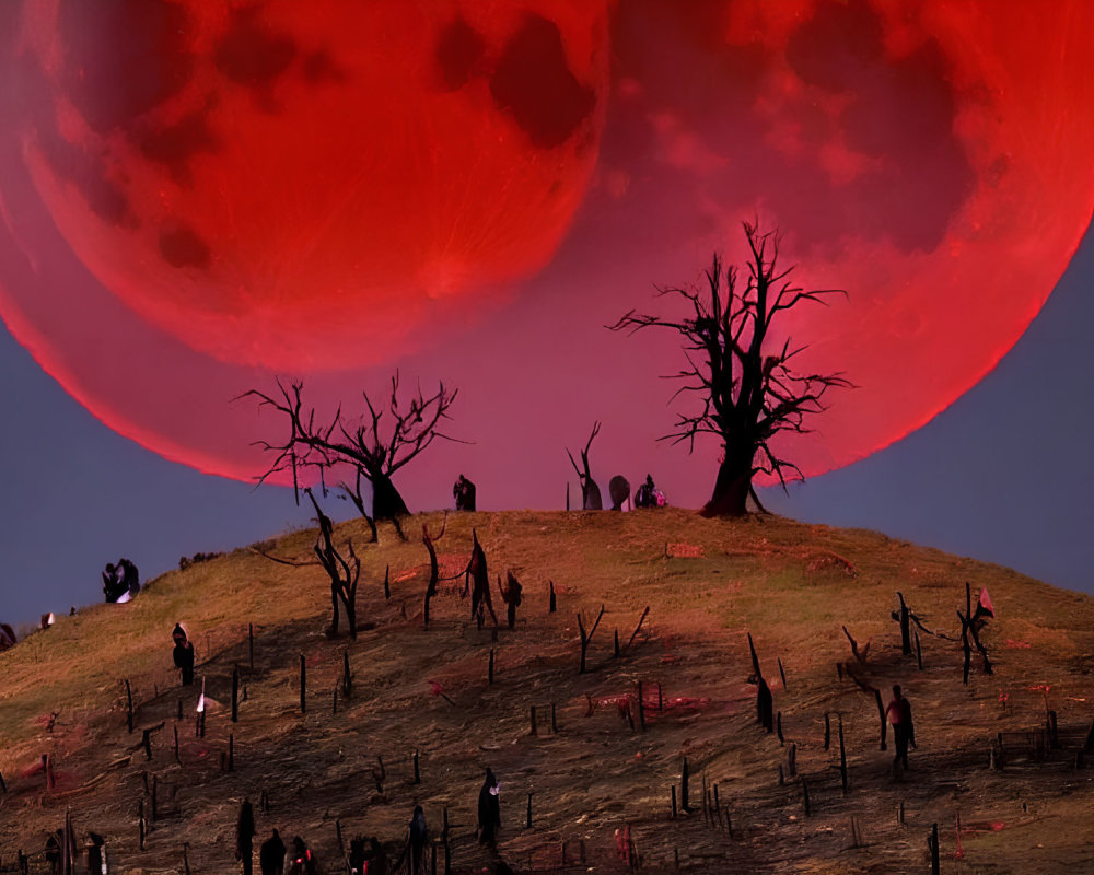 Eerie red moon over barren trees and sinister stakes