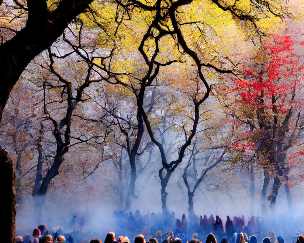 Autumn outdoor scene with people under golden and red leaves, sunlight, and mist