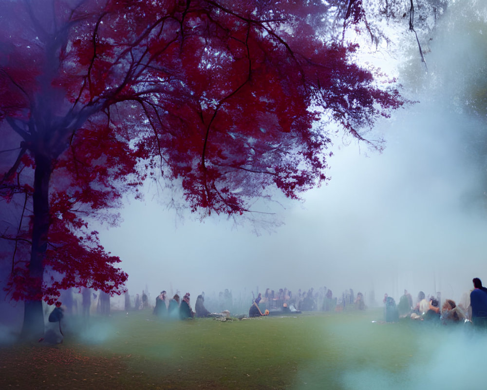 Misty park with red trees and people in serene setting