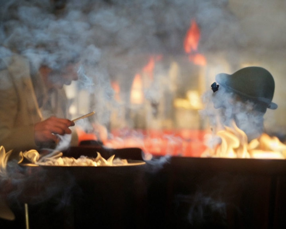Person in Hat Cooking Over Open Flame Surrounded by Smoke