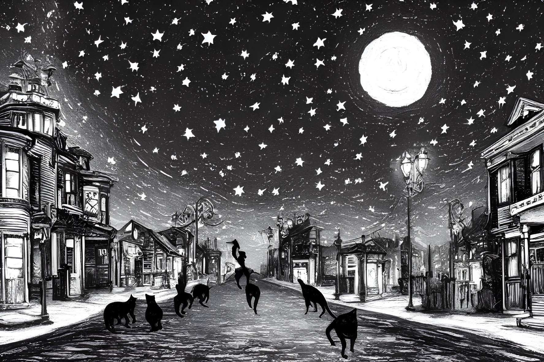 Monochrome whimsical night scene with moon, stars, animals, and Victorian-era buildings