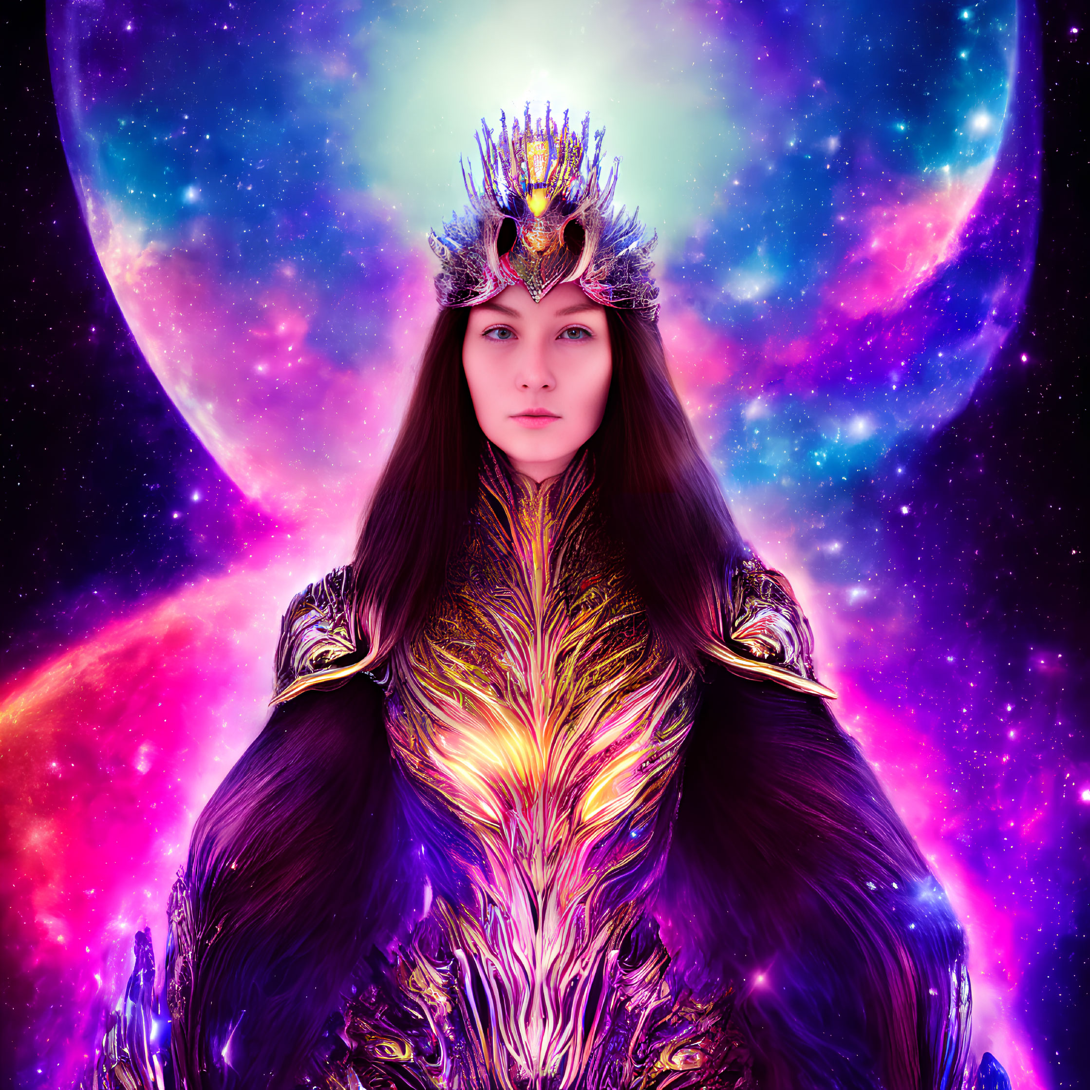 Regal woman with crown and cosmic background featuring moon and stars