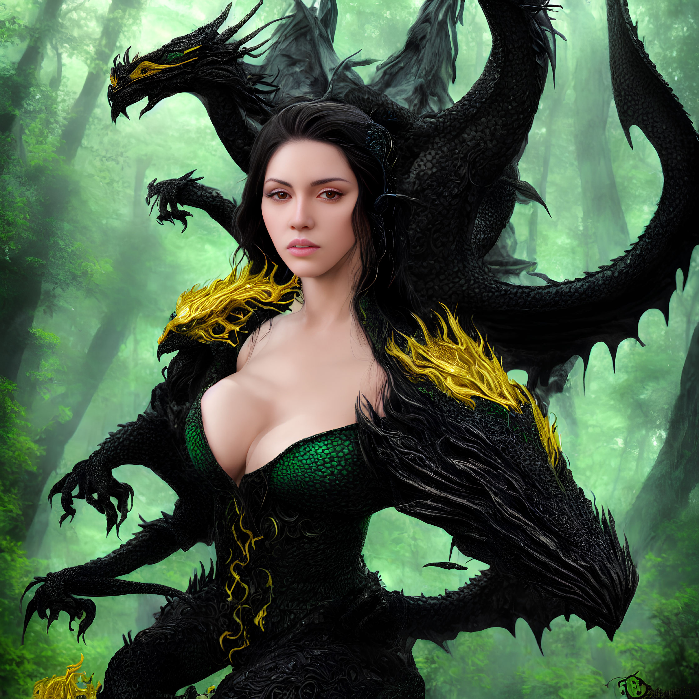 Dark-haired woman and dragon in mystical forest setting.