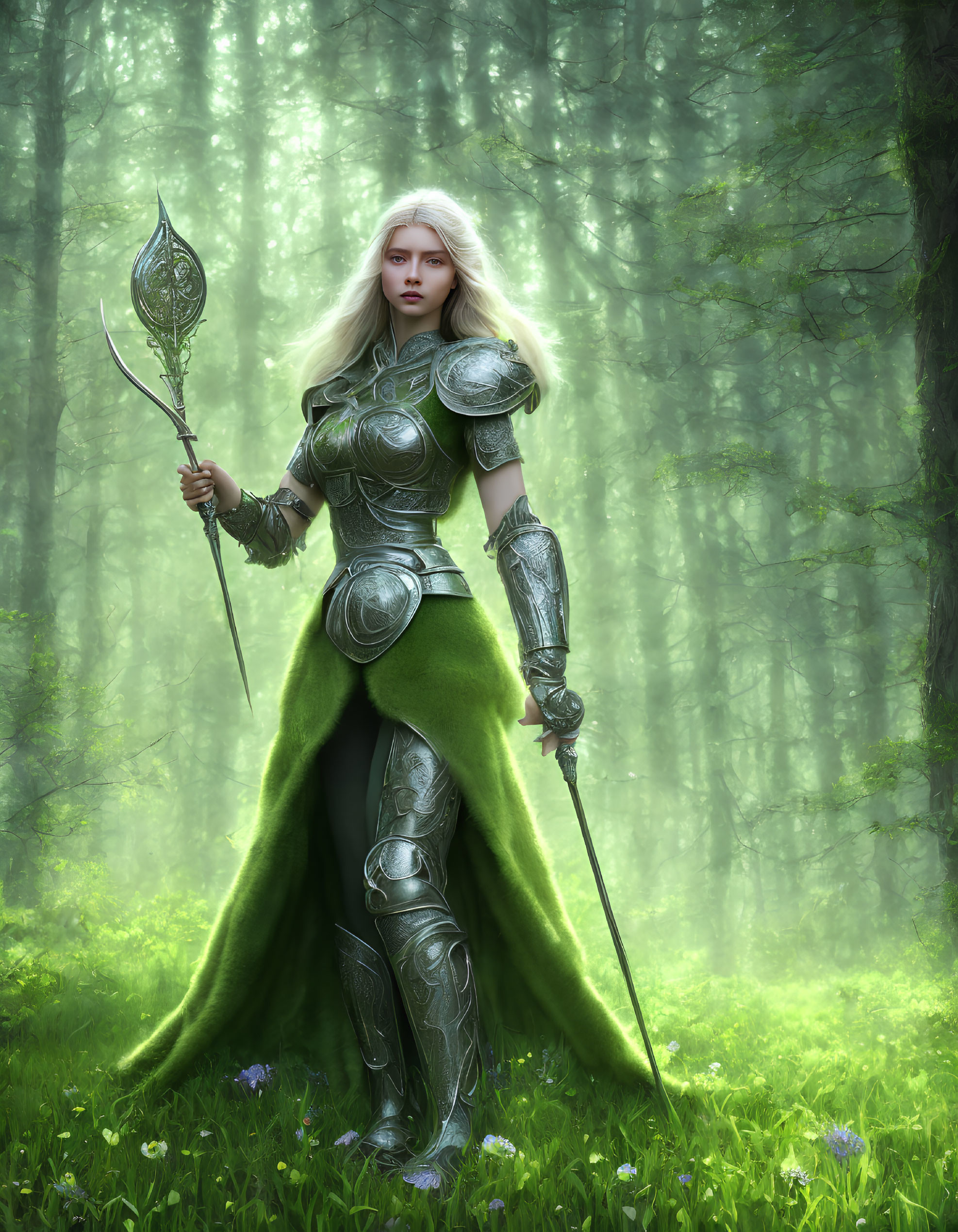 Armored female warrior with spear in misty green forest