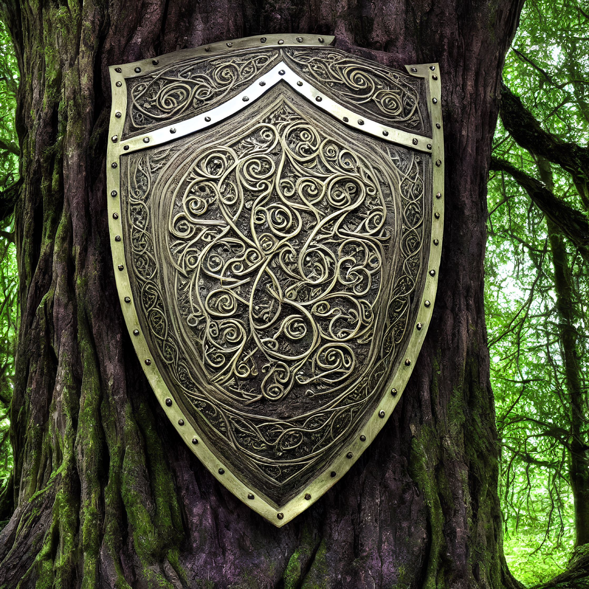 Intricate Metal Shield on Tree Trunk with Greenery