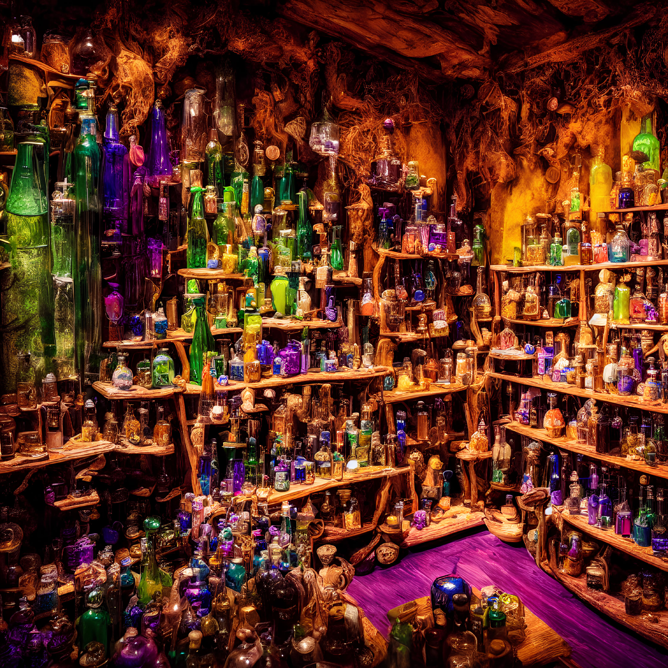 Mystical Potion Shop with Colorful Bottles & Ingredients