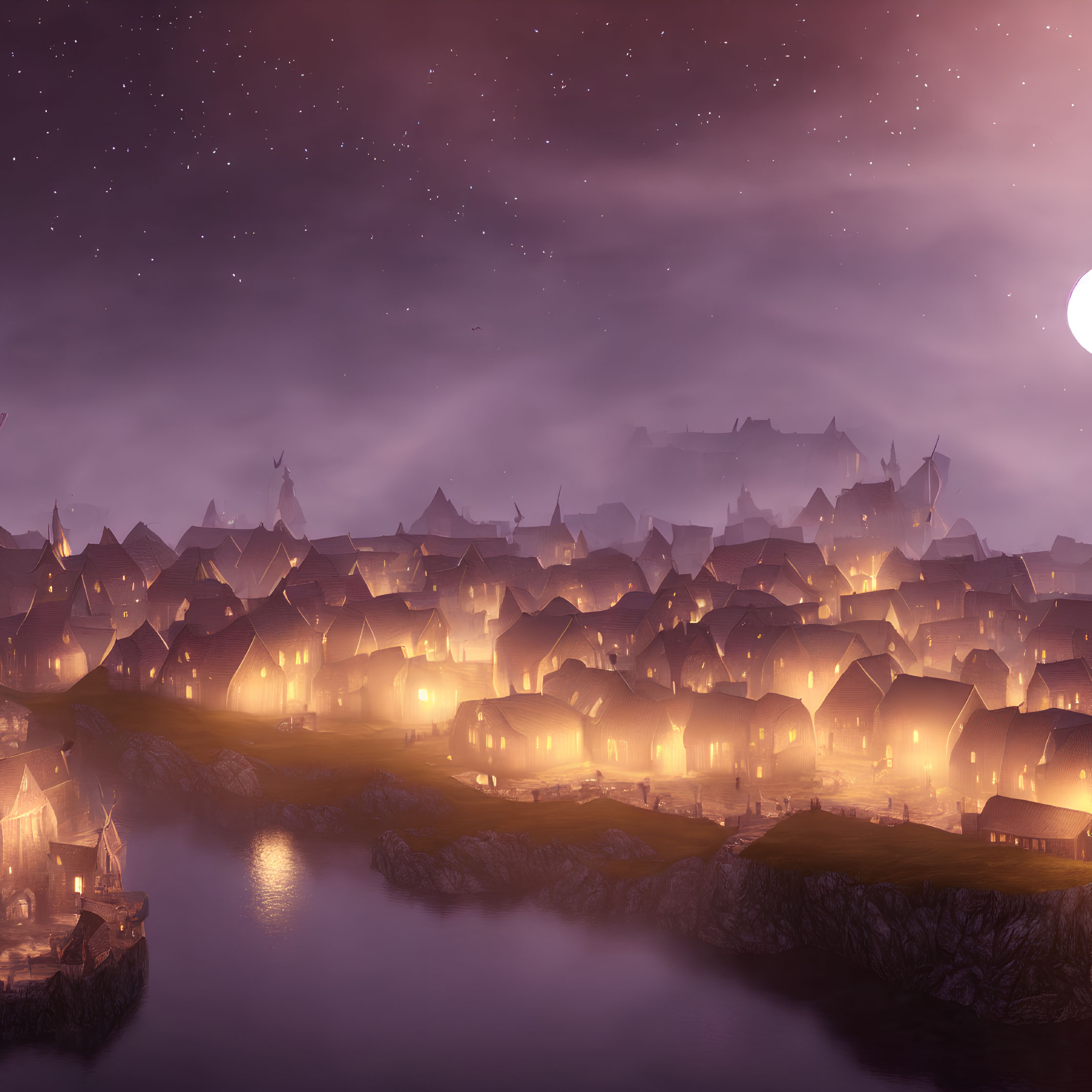 Traditional village night scene with glowing lights, starry sky, and serene water.