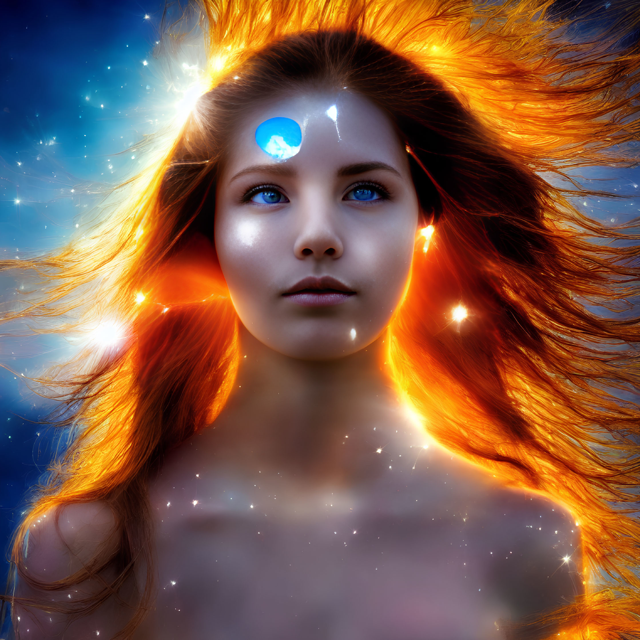 Fiery red-haired woman with crescent moon in cosmic setting