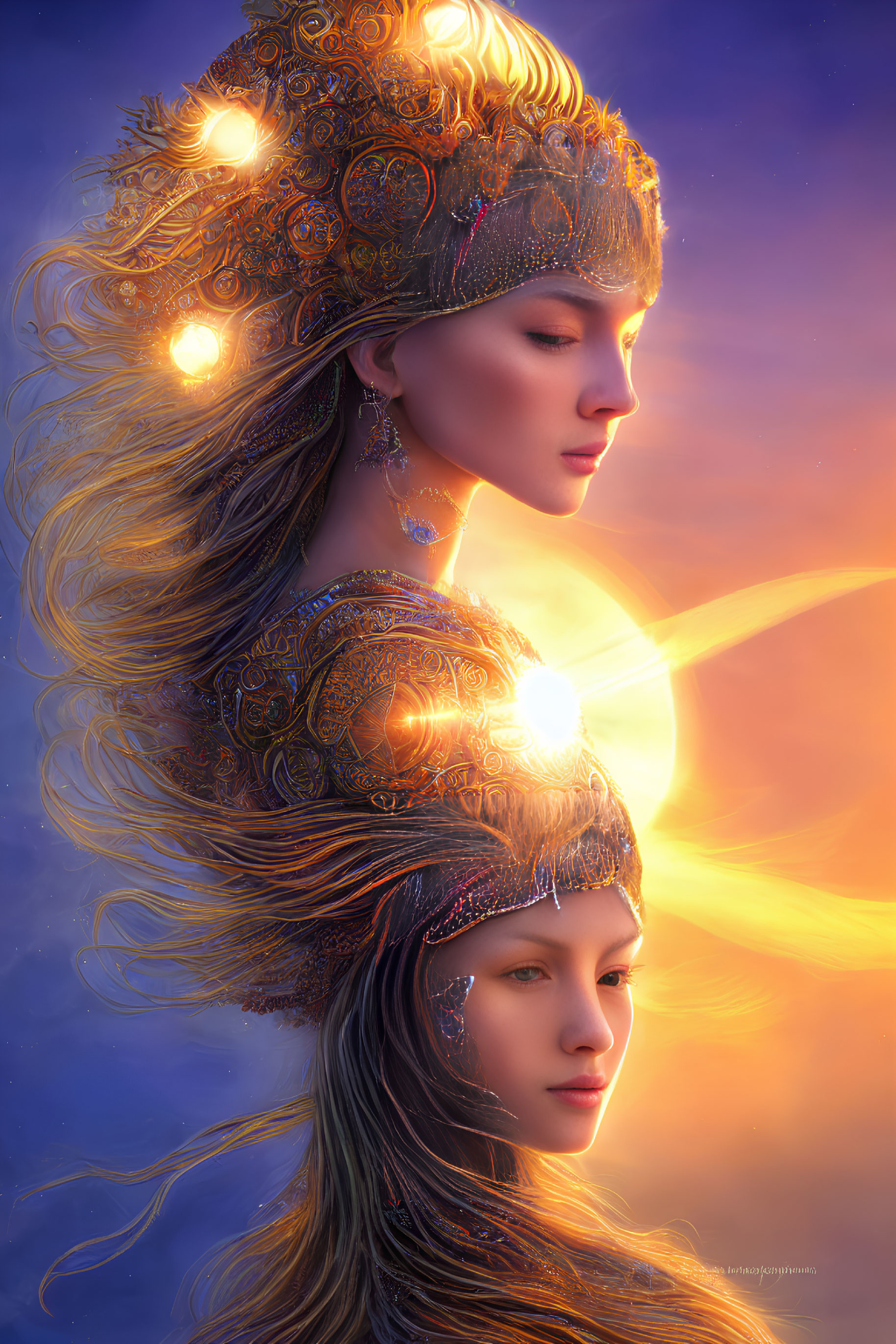 Ethereal women digital art portrait with ornate headpieces and sunset backdrop